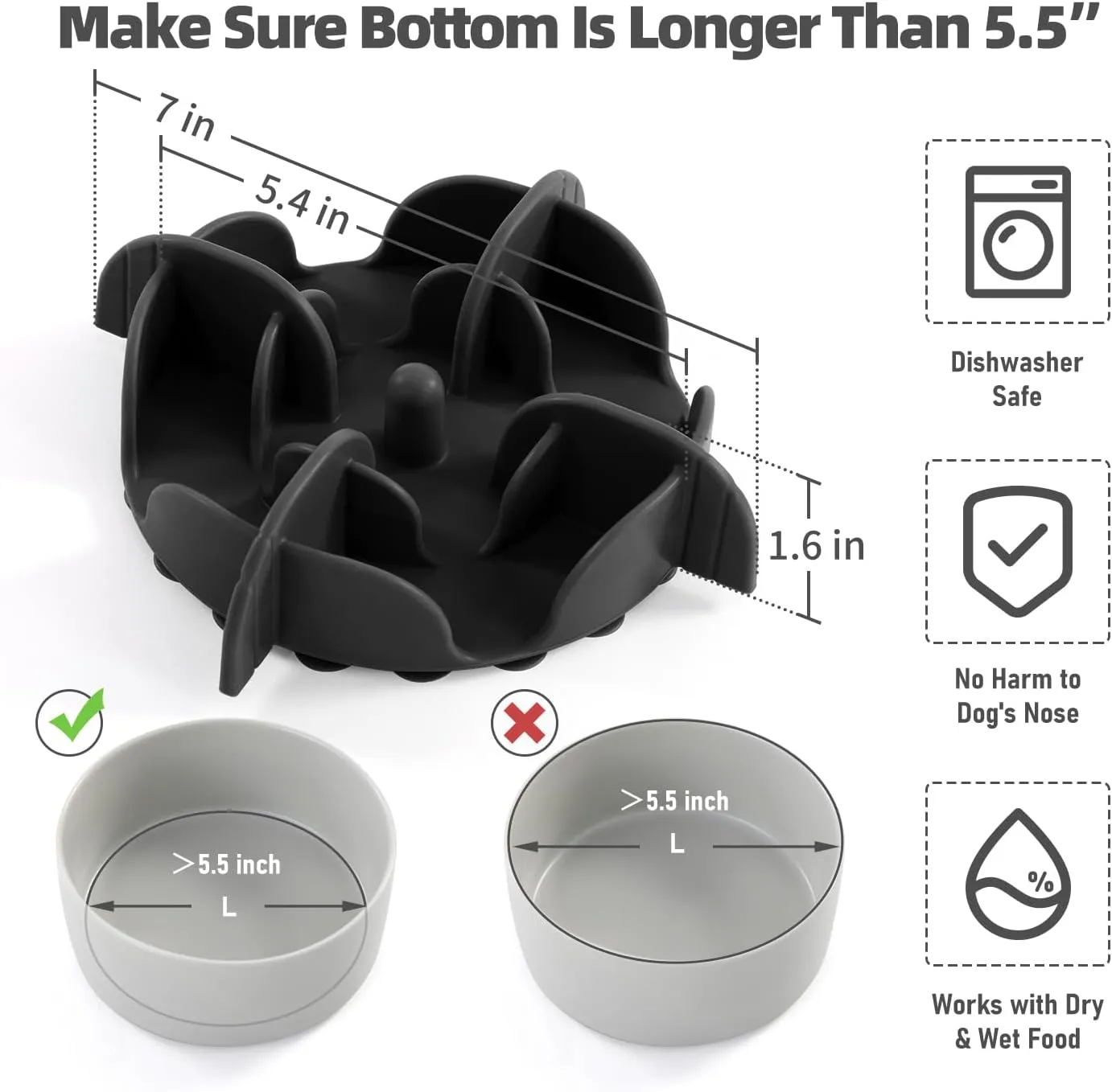 Jaoul Slow Feeder Dog Bowls Insert, X-Large 7 Inch Cuttable Slow Feeder Insert with 32 Octopus Suction Cups for Medium to Large Breed Dog Bowls (Black)