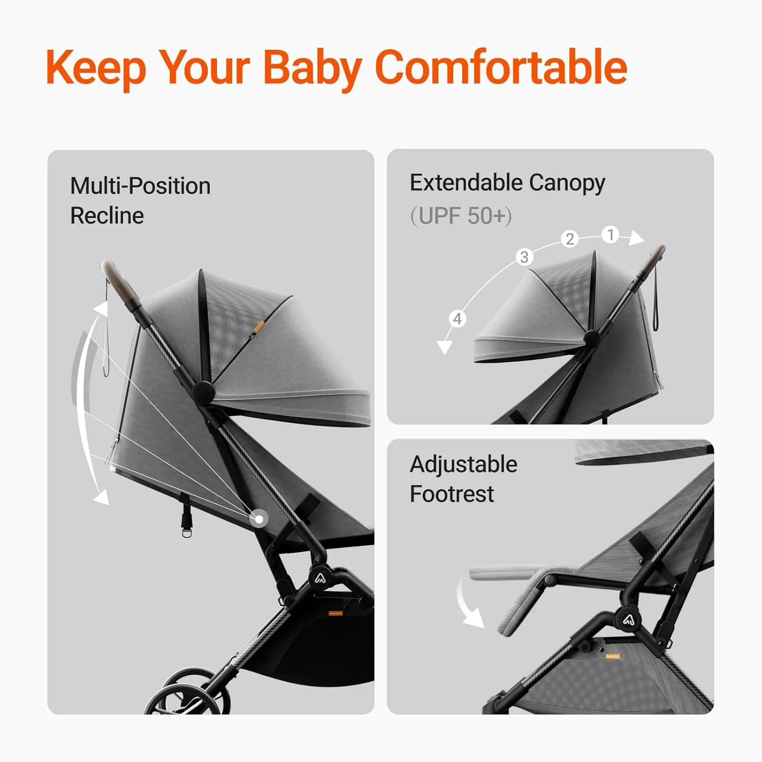 Lightweight Baby Travel Stroller with Carbor Fiber Frame, Compact & Airplane-Friendly, One-Handed Folding Design, 11.6 lbs, Perfect for Toddlers, Grey