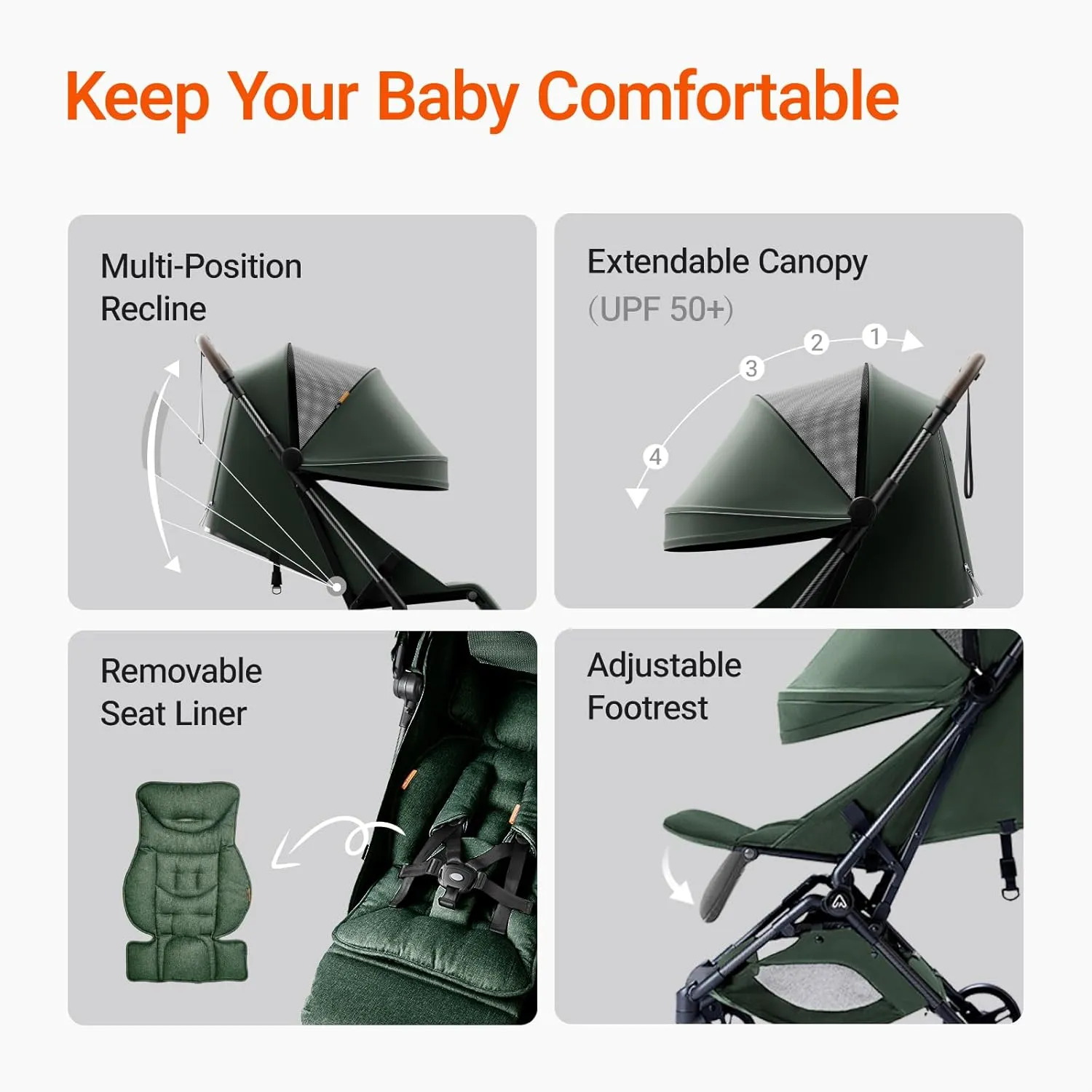 Lightweight Baby Travel Stroller with Carbor Fiber Frame, Compact & Airplane-Friendly, One-Handed Folding Design, 11.6 lbs, Perfect for Toddlers, Organizer & Cushion Included, Green
