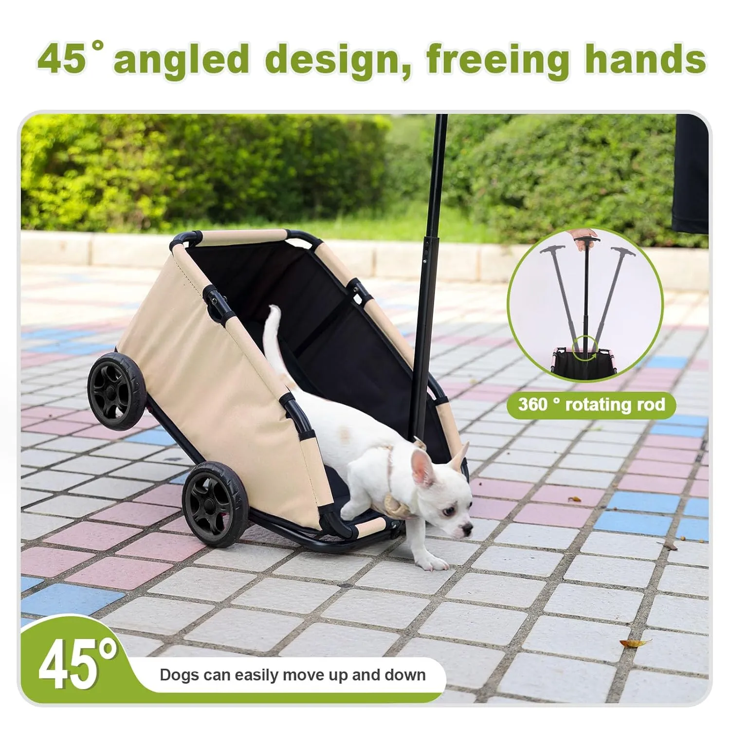 Mini Dog Strollers for Mini Pets, Foldable Multifunctional Shopping Carts with Extendable Pull Handle, Doggie Wagon Built-in Cushion and Safety Rope with Storage Bag (Khaki)