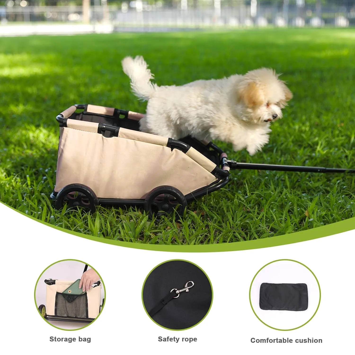 Mini Dog Strollers for Mini Pets, Foldable Multifunctional Shopping Carts with Extendable Pull Handle, Doggie Wagon Built-in Cushion and Safety Rope with Storage Bag (Khaki)