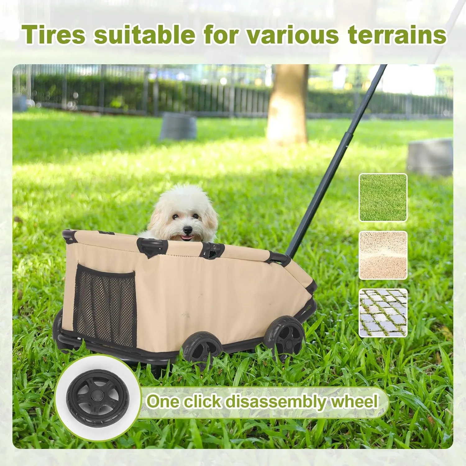 Mini Dog Strollers for Mini Pets, Foldable Multifunctional Shopping Carts with Extendable Pull Handle, Doggie Wagon Built-in Cushion and Safety Rope with Storage Bag (Khaki)