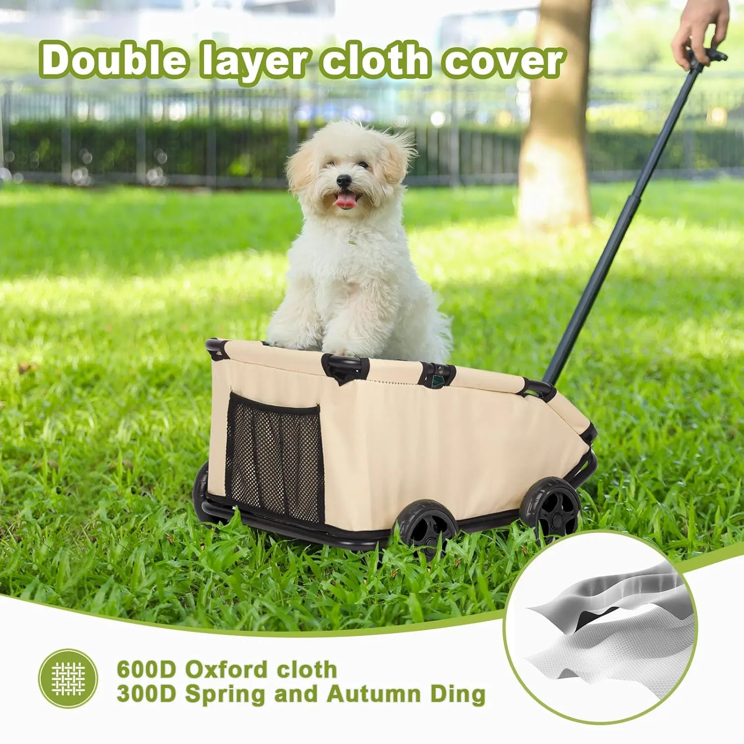 Mini Dog Strollers for Mini Pets, Foldable Multifunctional Shopping Carts with Extendable Pull Handle, Doggie Wagon Built-in Cushion and Safety Rope with Storage Bag (Khaki)