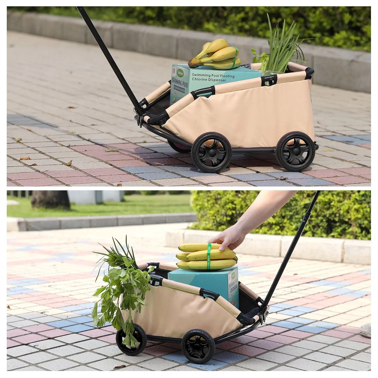 Mini Dog Strollers for Mini Pets, Foldable Multifunctional Shopping Carts with Extendable Pull Handle, Doggie Wagon Built-in Cushion and Safety Rope with Storage Bag (Khaki)