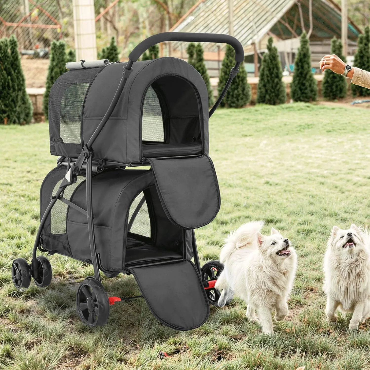 MoNiBloom Double Dog Stroller with Detachable Carrier Bags Large 4 Wheels Foldable Jogger for Small and Medium Dog Cats, Black/Gray