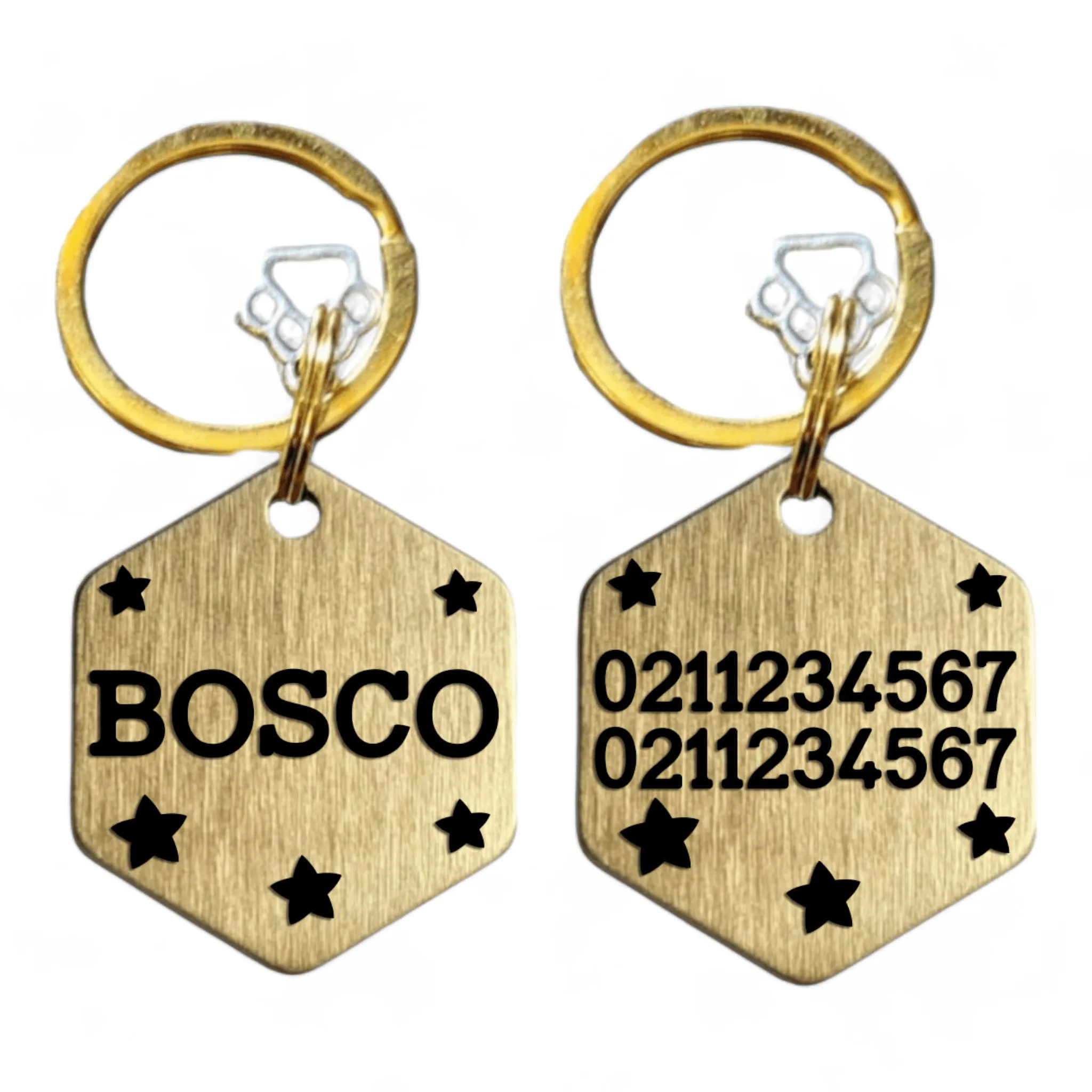 Name Front & 2 Numbers Back Bespoke Brass Hexagon Cat & Dog ID Pet Tag