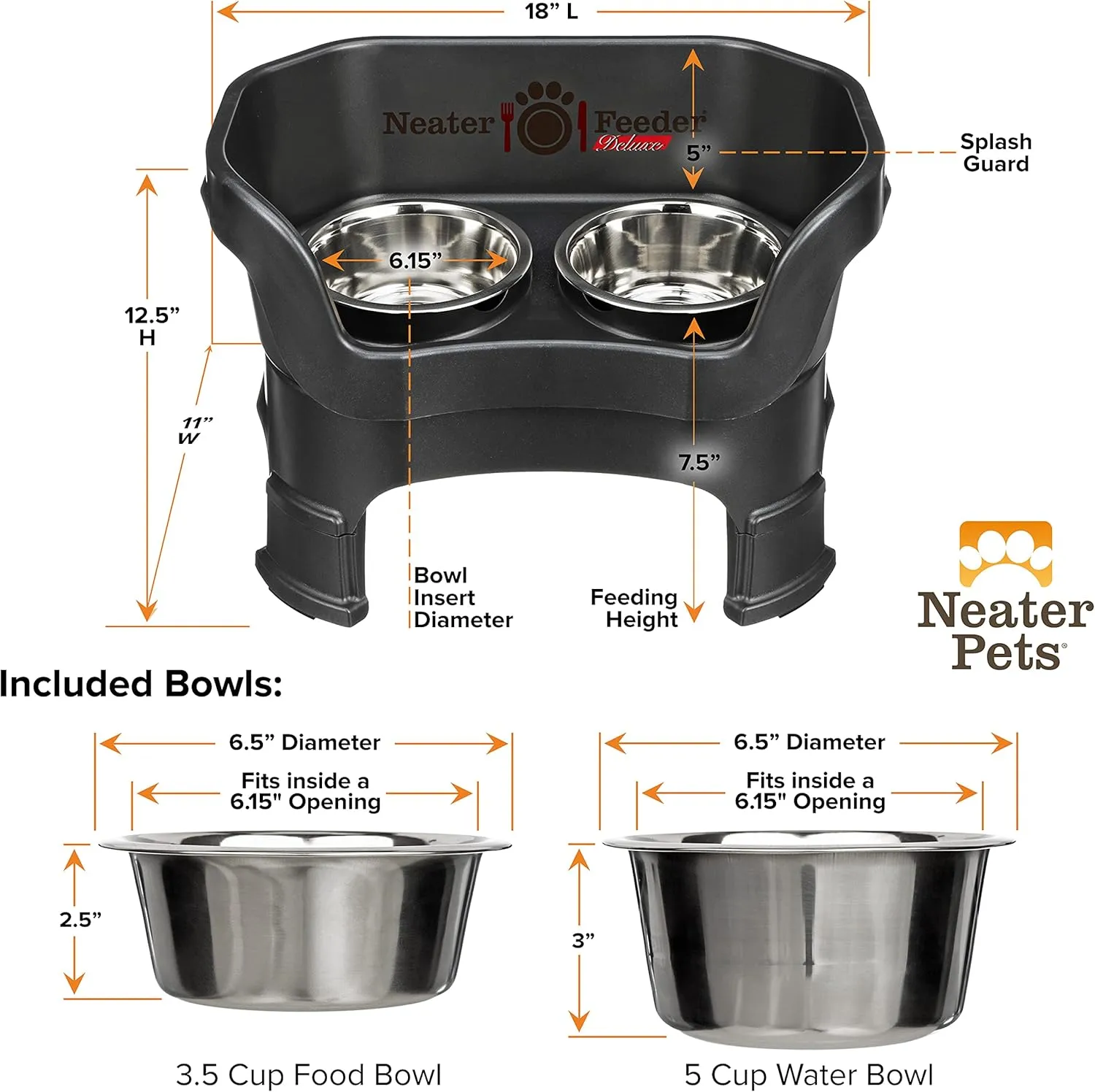 Neater Feeder Deluxe Mess Proof Dog Bowls Elevated Medium Sized Dogs (19-40 lbs) Made in USA, No Spill Raised Dog Food Bowl Stand w/Leg Extension, Stainless Steel Food and Water Bowl Set, Black