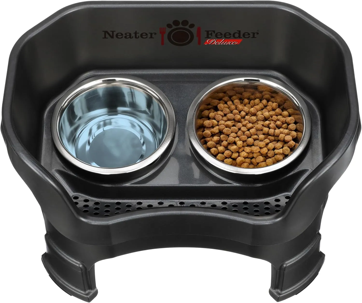 Neater Feeder Deluxe Mess Proof Dog Bowls Elevated Medium Sized Dogs (19-40 lbs) Made in USA, No Spill Raised Dog Food Bowl Stand w/Leg Extension, Stainless Steel Food and Water Bowl Set, Black