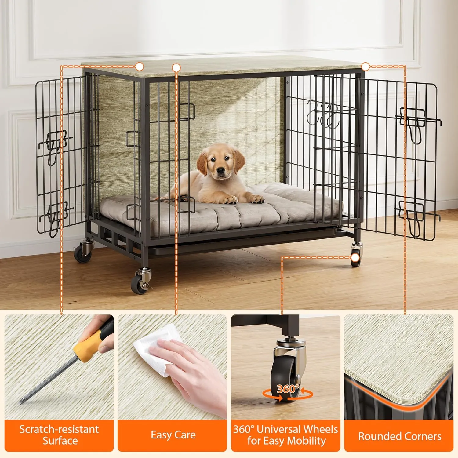 New Dog Crate Furniture, Compact 27.2" Small Dog Dual-Entry Kennel Meets End Table, Easy-Clean, Chew-Proof, Easy Mobility for Cozy Spaces, Rustic Gray