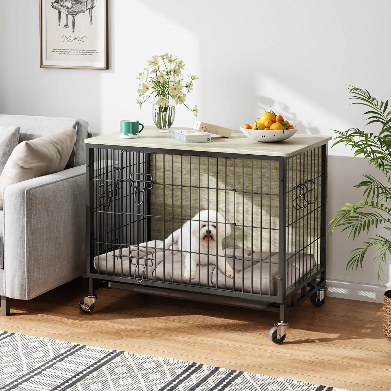 New Dog Crate Furniture, Compact 27.2" Small Dog Dual-Entry Kennel Meets End Table, Easy-Clean, Chew-Proof, Easy Mobility for Cozy Spaces, Rustic Gray