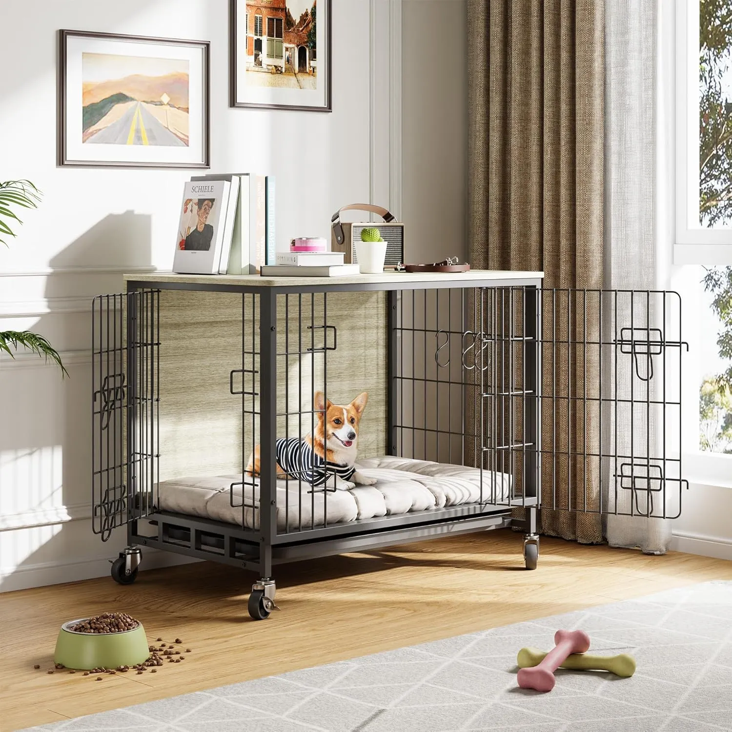 New Dog Crate Furniture, Compact 27.2" Small Dog Dual-Entry Kennel Meets End Table, Easy-Clean, Chew-Proof, Easy Mobility for Cozy Spaces, Rustic Gray