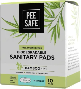 Pee Safe Biodegradable Overnight Sanitary Pads - Organic Cotton & Bamboo Pulp (Pack of 10) | Biodegradable Disposable Bags