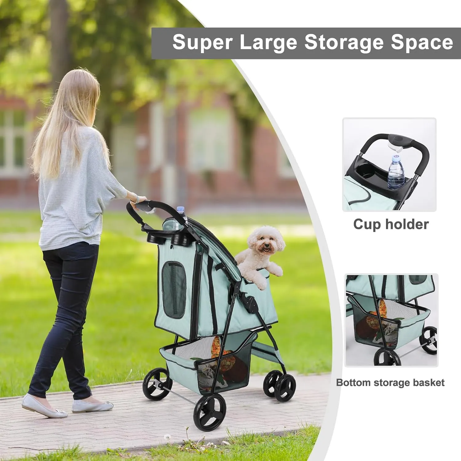 Pet Dog Stroller, Puppy Stroller, Dog Cat Jogger Stroller with 4 Fast Wheels Folding Lightweight Travel Stroller for Medium Small Dogs Cats (Blue-Green)