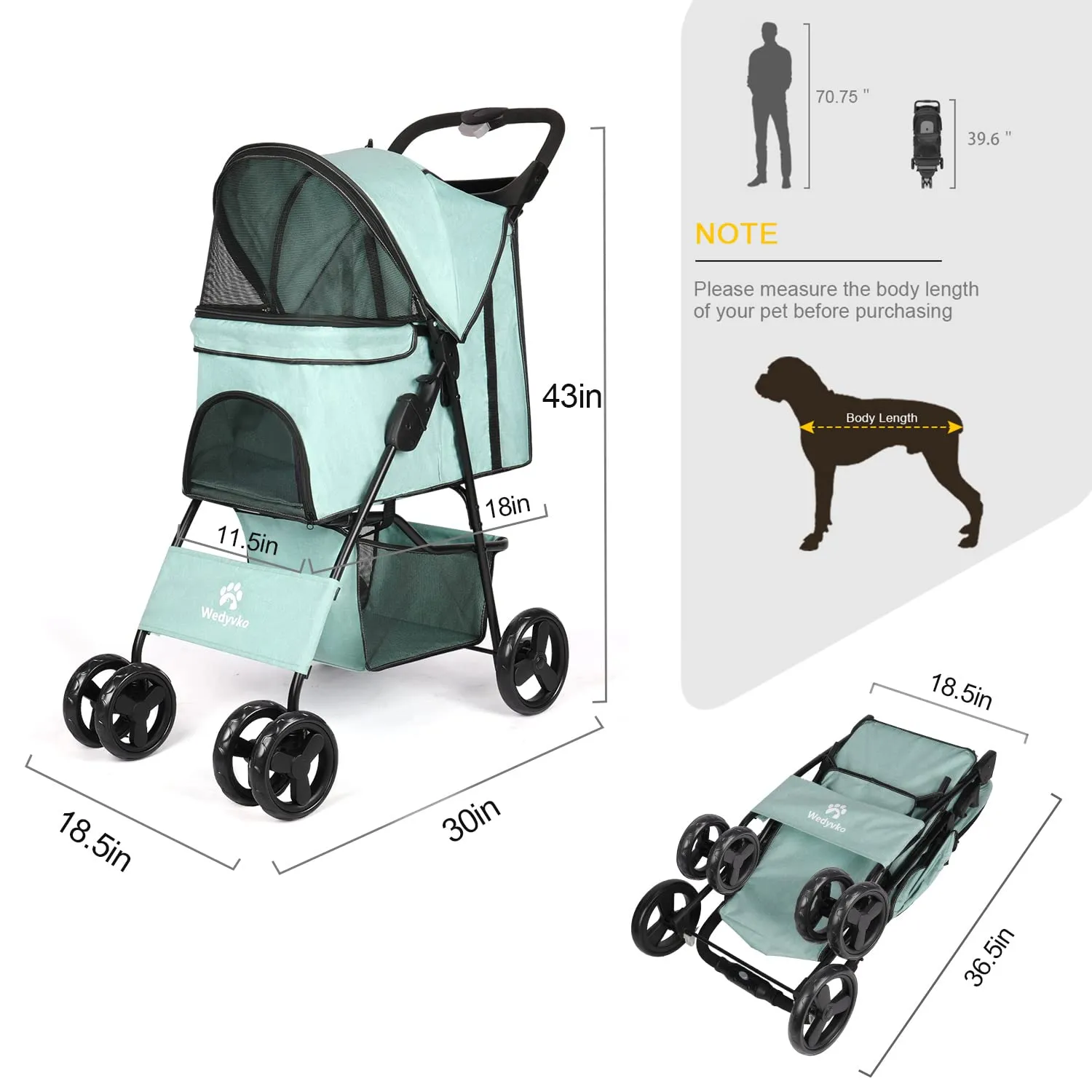 Pet Dog Stroller, Puppy Stroller, Dog Cat Jogger Stroller with 4 Fast Wheels Folding Lightweight Travel Stroller for Medium Small Dogs Cats (Blue-Green)