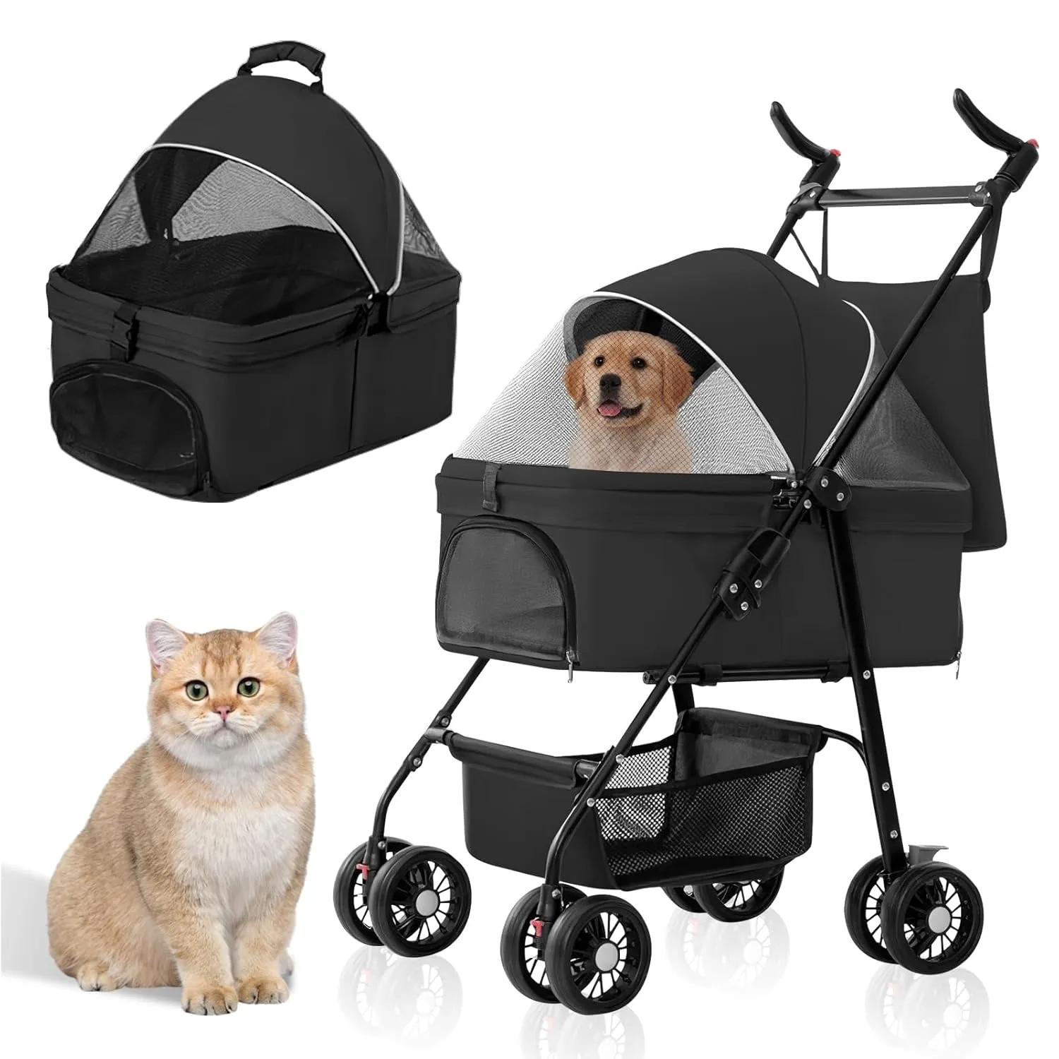 Pet Stroller for Dogs Cats4 Wheels Pet Stroller Foldable Carrier Strolling Cart Travel Jogger Pet Stroller with Removable Liner Storage Basket for Small/Medium Pets(Black)