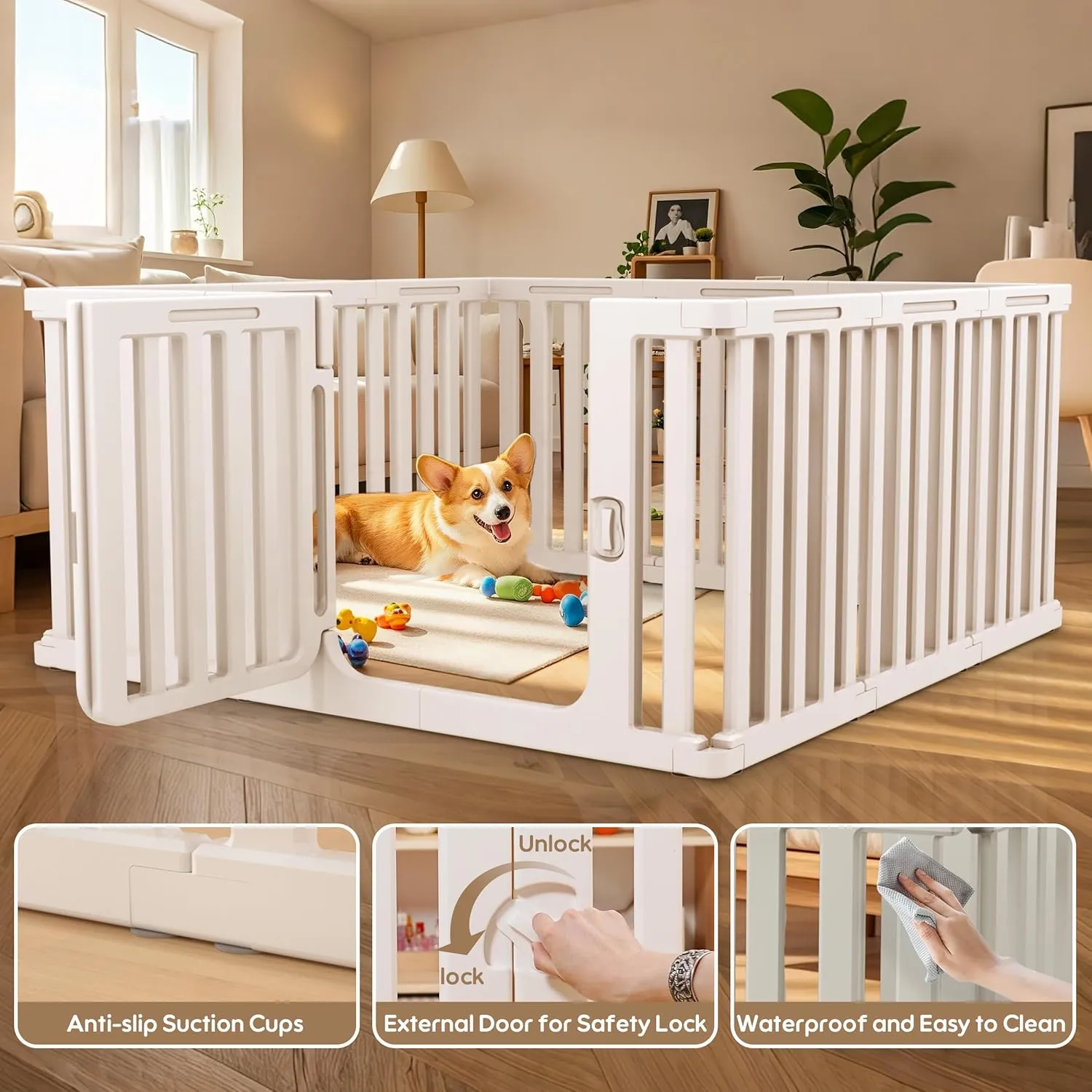 Plastic Dog Playpen for Indoor Outdoor, 11-Panel Portable Pet Fence, Puppy Playpen with Secure Locking Door Keep Pets Secure, Easy Assemble and Fold