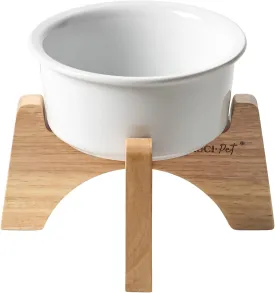 Raised Ceramic Dog Bowl with Wooden Stand, 6.5 Inch Elevated Feeder for Small & Medium Breeds, White, Set of 1