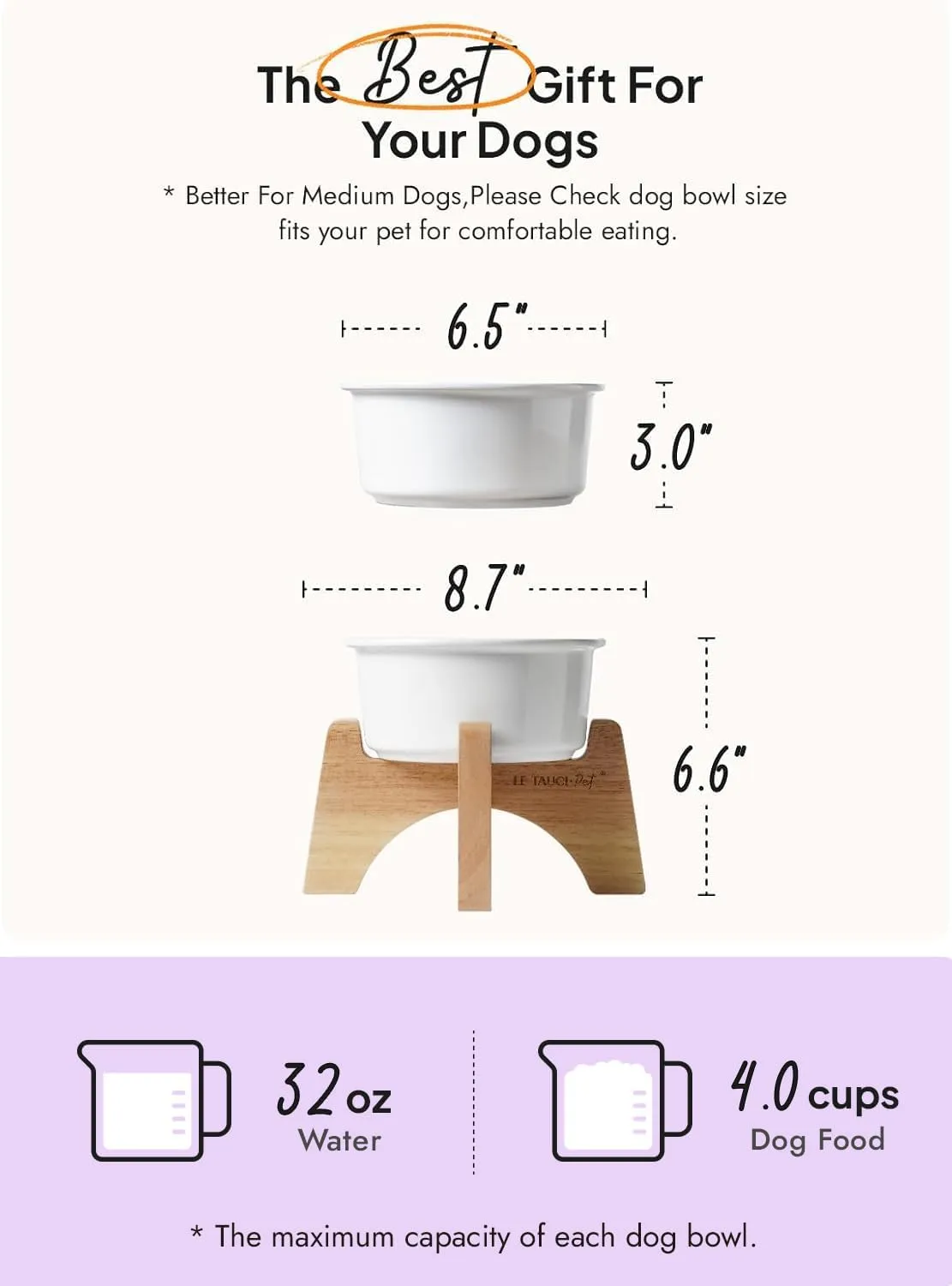 Raised Ceramic Dog Bowl with Wooden Stand, 6.5 Inch Elevated Feeder for Small & Medium Breeds, White, Set of 1