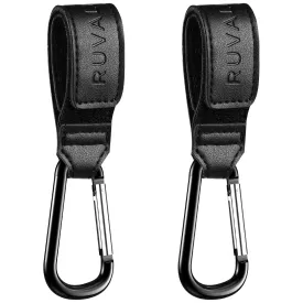 RUVALINO Leather Stroller Hooks for Diaper Bag and Stroller Organizer - Stroller Strap with Large Carabiner Clip for Shopping Bags - Accessories for Wheelchair, Shopping and Pet Carts, Black, 2 Pack