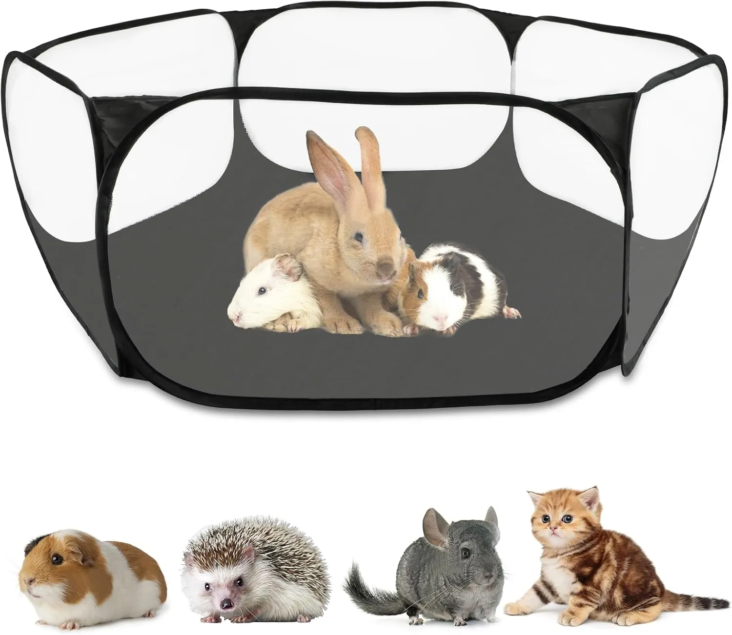 Rypet Guinea Pig Playpen - Breathable & Transparent Pet Playpen Pop Open Outdoor/Indoor Exercise Fence, Portable Yard Fence for Guinea Pig, Rabbits, Hamster, Chinchillas and HedgehogsBlack