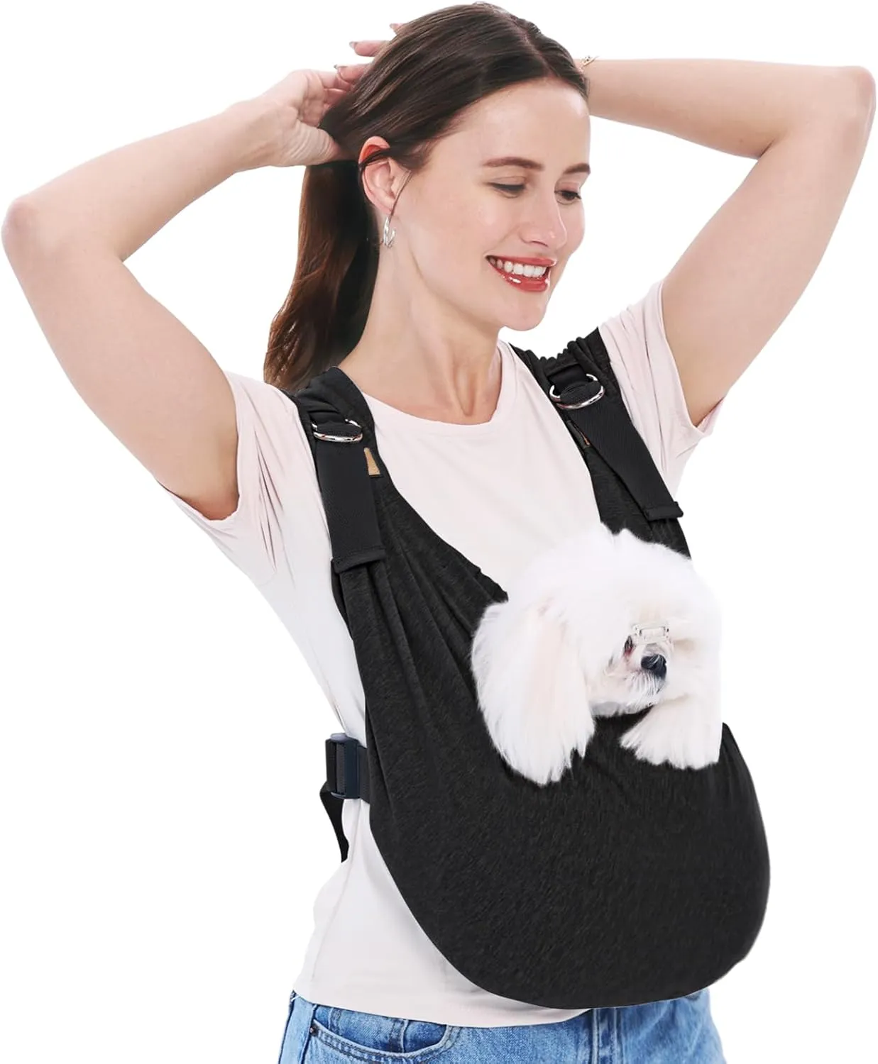 Supet Dog Carrier Sling for Small Dogs, Anti-Anxiety Cat Sling Carrier Chest, Hands-Free Front Facing Puppy Sling, Adjustable Soft Cotton Swaddle Wrap, Reducing Back Neck Pain(Regular, Black)