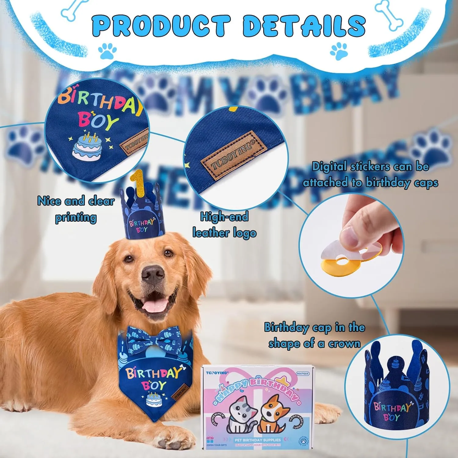 TCBOYING Dog Birthday Party Supplies, Multi Size Offered, Dog Birthday Bandana Banner Boy Hat Bow Tie with Numbers for Small Medium Large X-Large Dogs Pets (Blue, X-Large)