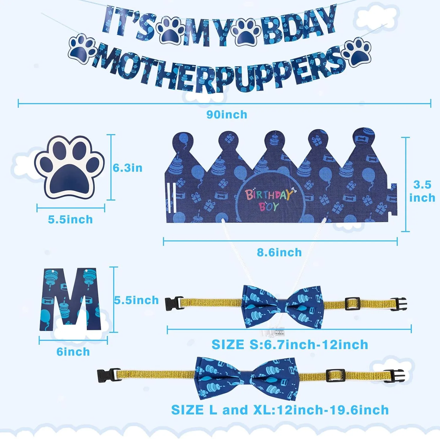 TCBOYING Dog Birthday Party Supplies, Multi Size Offered, Dog Birthday Bandana Banner Boy Hat Bow Tie with Numbers for Small Medium Large X-Large Dogs Pets (Blue, X-Large)