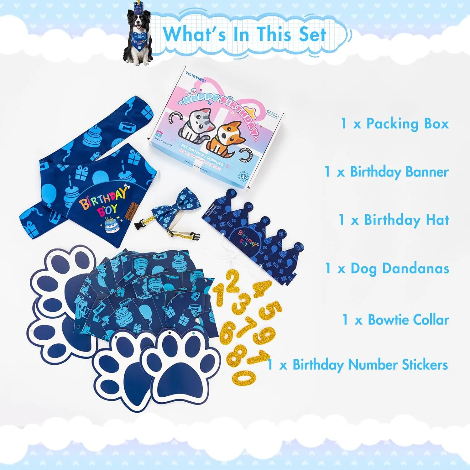 TCBOYING Dog Birthday Party Supplies, Multi Size Offered, Dog Birthday Bandana Banner Boy Hat Bow Tie with Numbers for Small Medium Large X-Large Dogs Pets (Blue, X-Large)