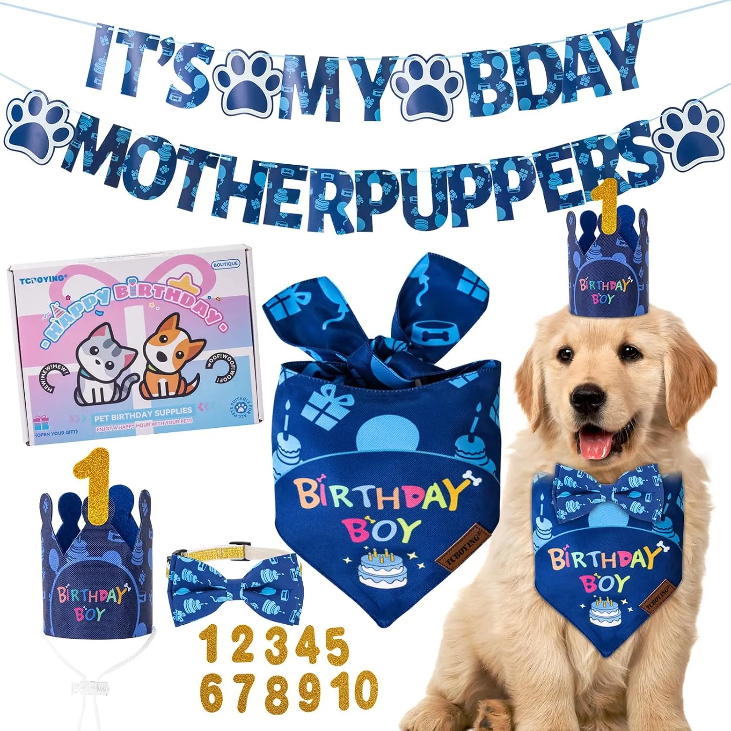 TCBOYING Dog Birthday Party Supplies, Multi Size Offered, Dog Birthday Bandana Banner Boy Hat Bow Tie with Numbers for Small Medium Large X-Large Dogs Pets (Blue, X-Large)
