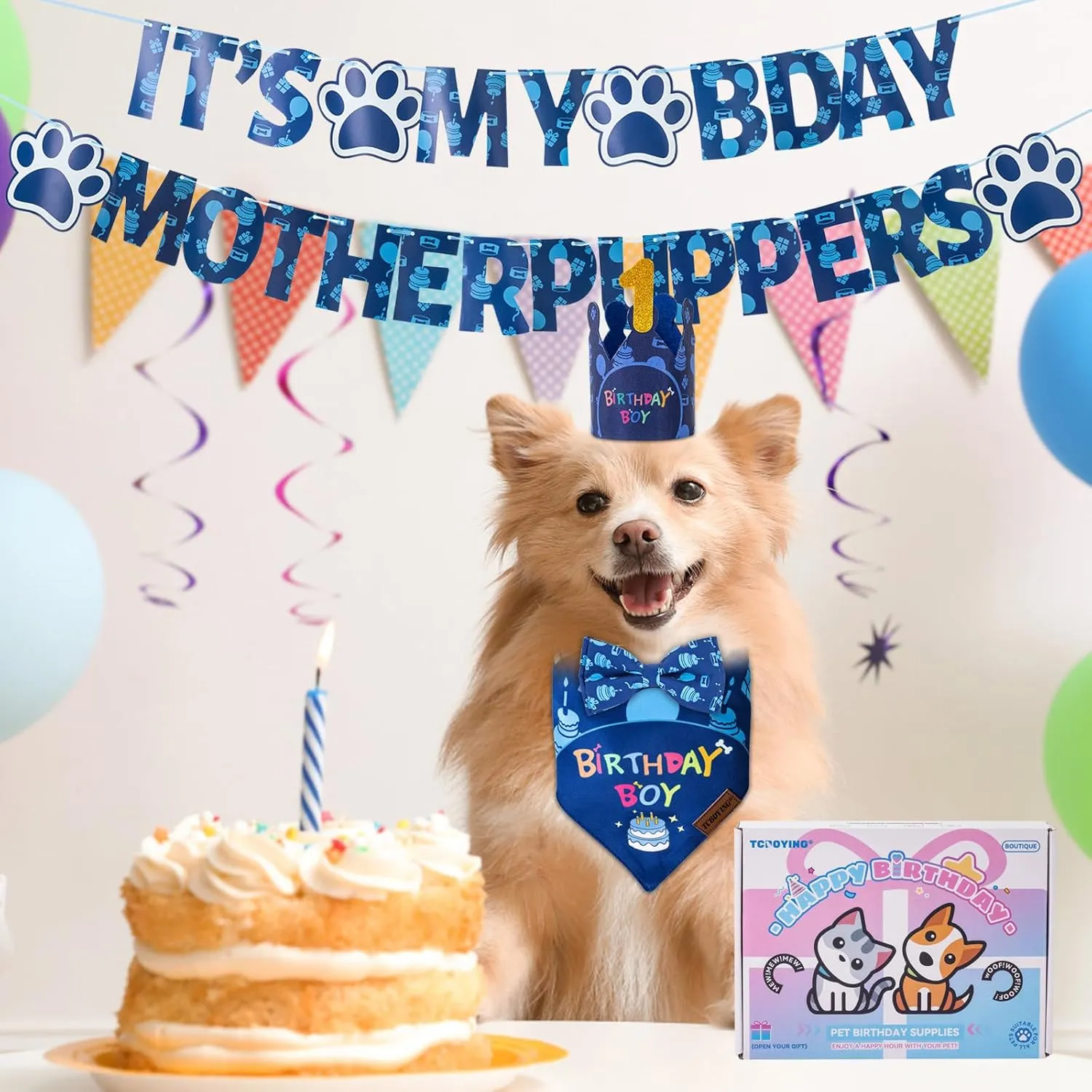 TCBOYING Dog Birthday Party Supplies, Multi Size Offered, Dog Birthday Bandana Banner Boy Hat Bow Tie with Numbers for Small Medium Large X-Large Dogs Pets (Blue, X-Large)