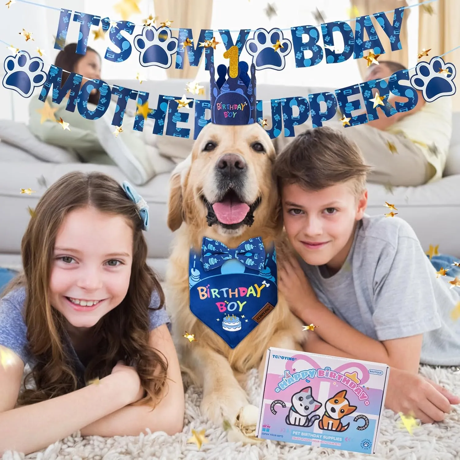 TCBOYING Dog Birthday Party Supplies, Multi Size Offered, Dog Birthday Bandana Banner Boy Hat Bow Tie with Numbers for Small Medium Large X-Large Dogs Pets (Blue, X-Large)
