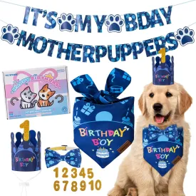 TCBOYING Dog Birthday Party Supplies, Multi Size Offered, Dog Birthday Bandana Banner Boy Hat Bow Tie with Numbers for Small Medium Large X-Large Dogs Pets (Blue, X-Large)
