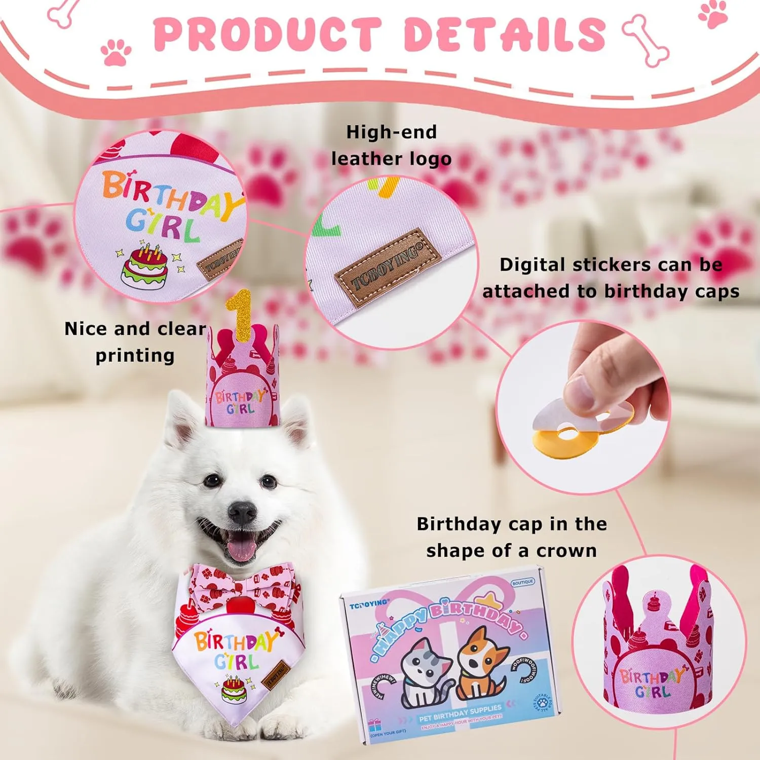 TCBOYING Dog Birthday Party Supplies, Multi Size Offered, Dog Birthday Bandana Banner Girl Hat Bow Tie with Numbers for Small Medium Large X-Large Dogs Pets (Pink, X-Large)