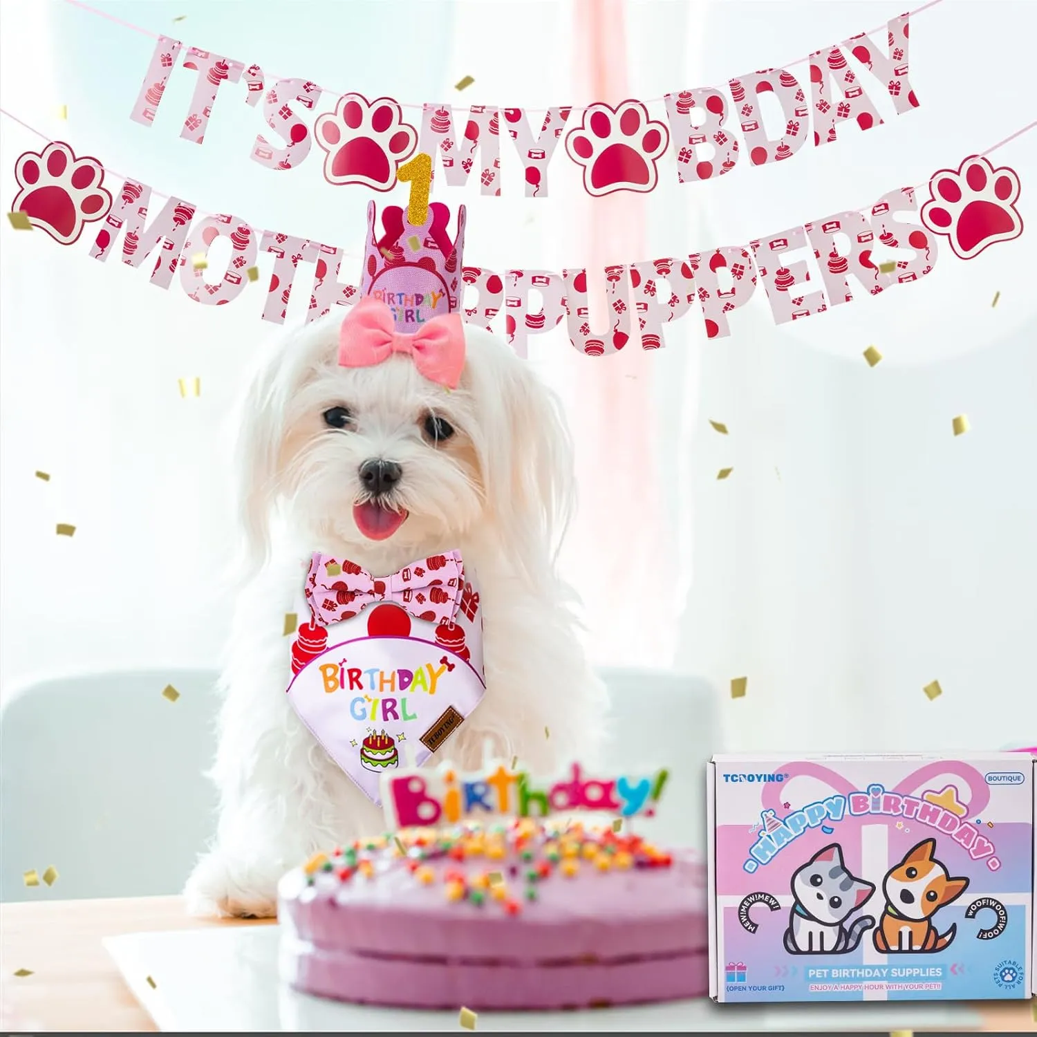 TCBOYING Dog Birthday Party Supplies, Multi Size Offered, Dog Birthday Bandana Banner Girl Hat Bow Tie with Numbers for Small Medium Large X-Large Dogs Pets (Pink, X-Large)