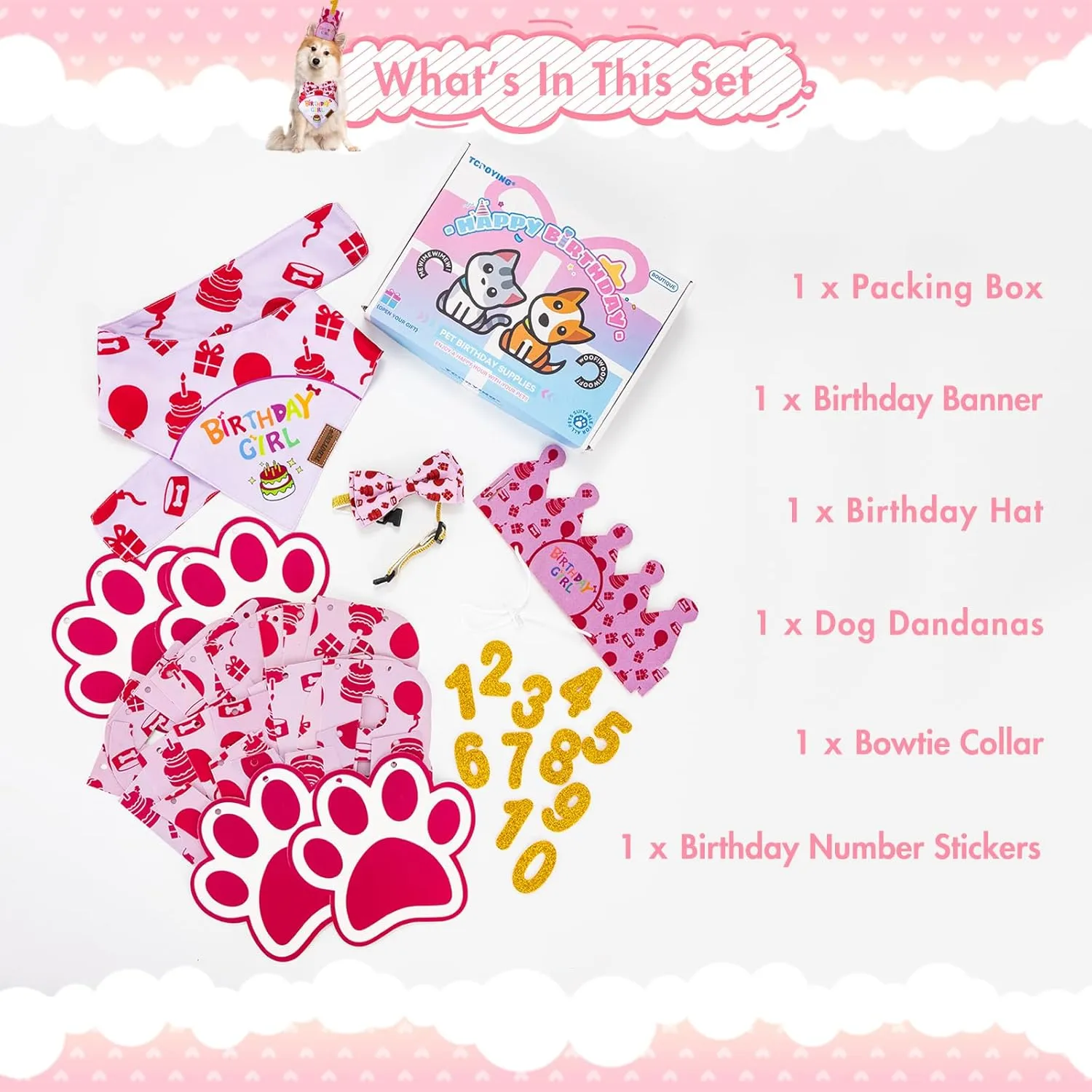 TCBOYING Dog Birthday Party Supplies, Multi Size Offered, Dog Birthday Bandana Banner Girl Hat Bow Tie with Numbers for Small Medium Large X-Large Dogs Pets (Pink, X-Large)
