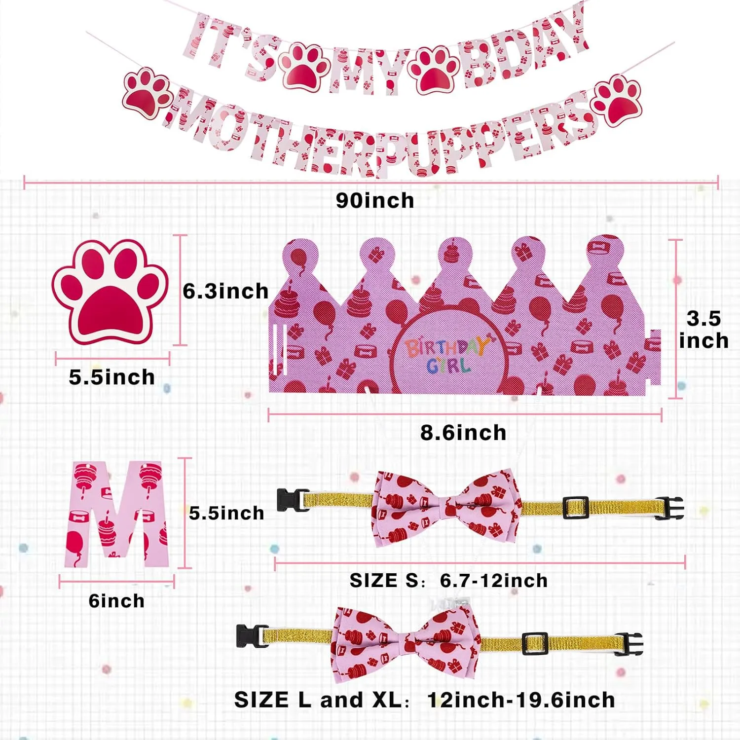 TCBOYING Dog Birthday Party Supplies, Multi Size Offered, Dog Birthday Bandana Banner Girl Hat Bow Tie with Numbers for Small Medium Large X-Large Dogs Pets (Pink, X-Large)