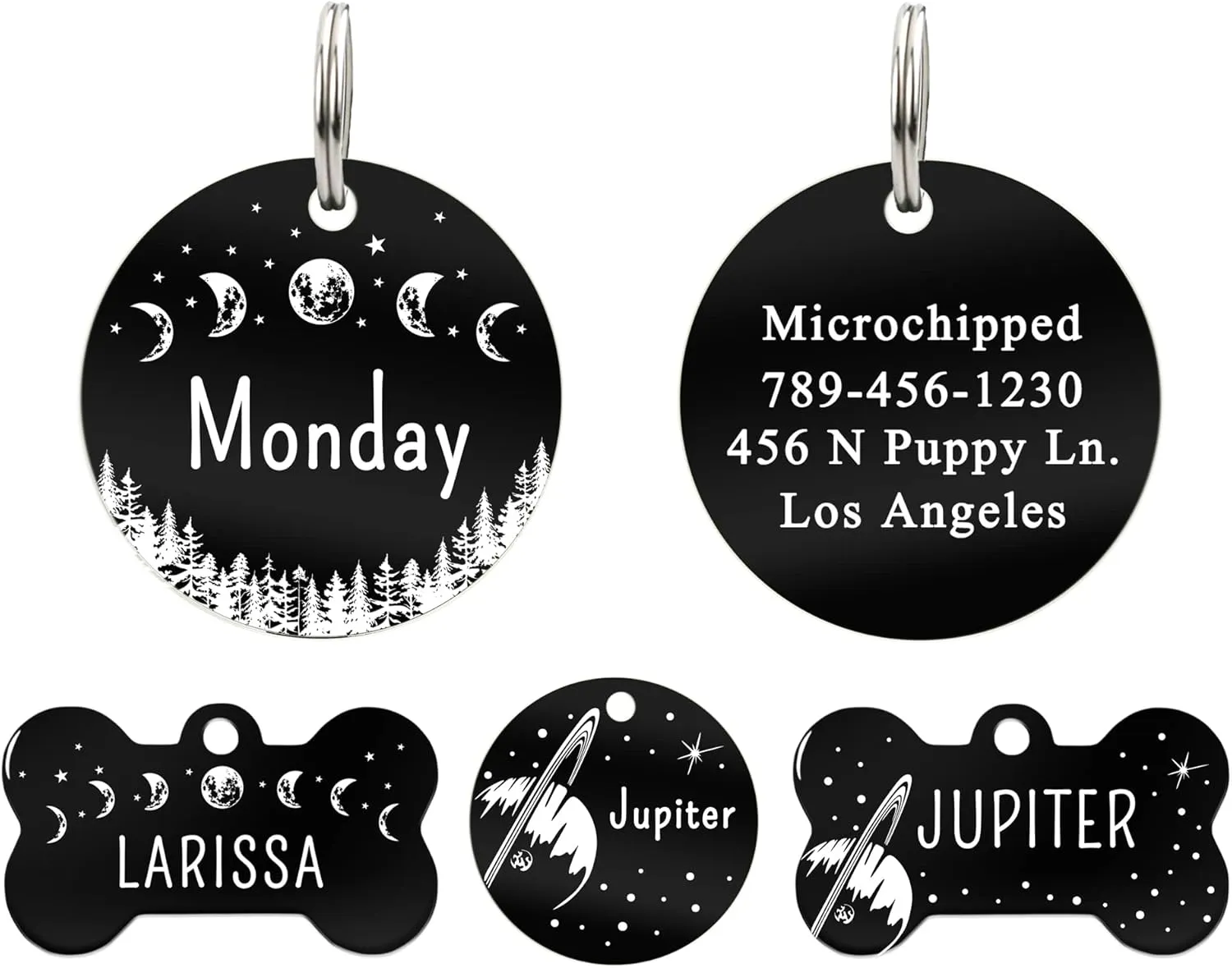 UltraJoys Stainless Steel Round ID Tags w/ Lunar Phases Design - Dog, Cat Tags, Personalized Front & Back Engraving