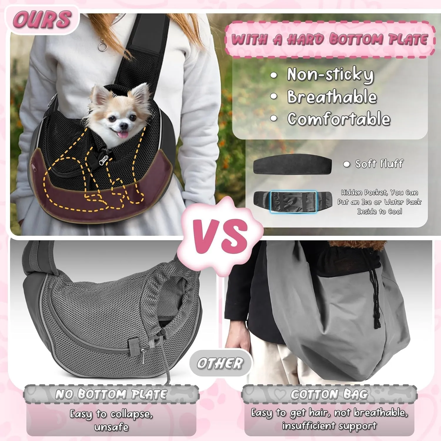 Upgrade Dog Sling Carrier (S,Pink) for Small Dogs/Cats Up to 10LB, Detachable Hard Bottom & Breathable Mesh, Large Storage Pocket, Adjustable Strap - Hands-Free Pet Carrier for Women Travel, Walking