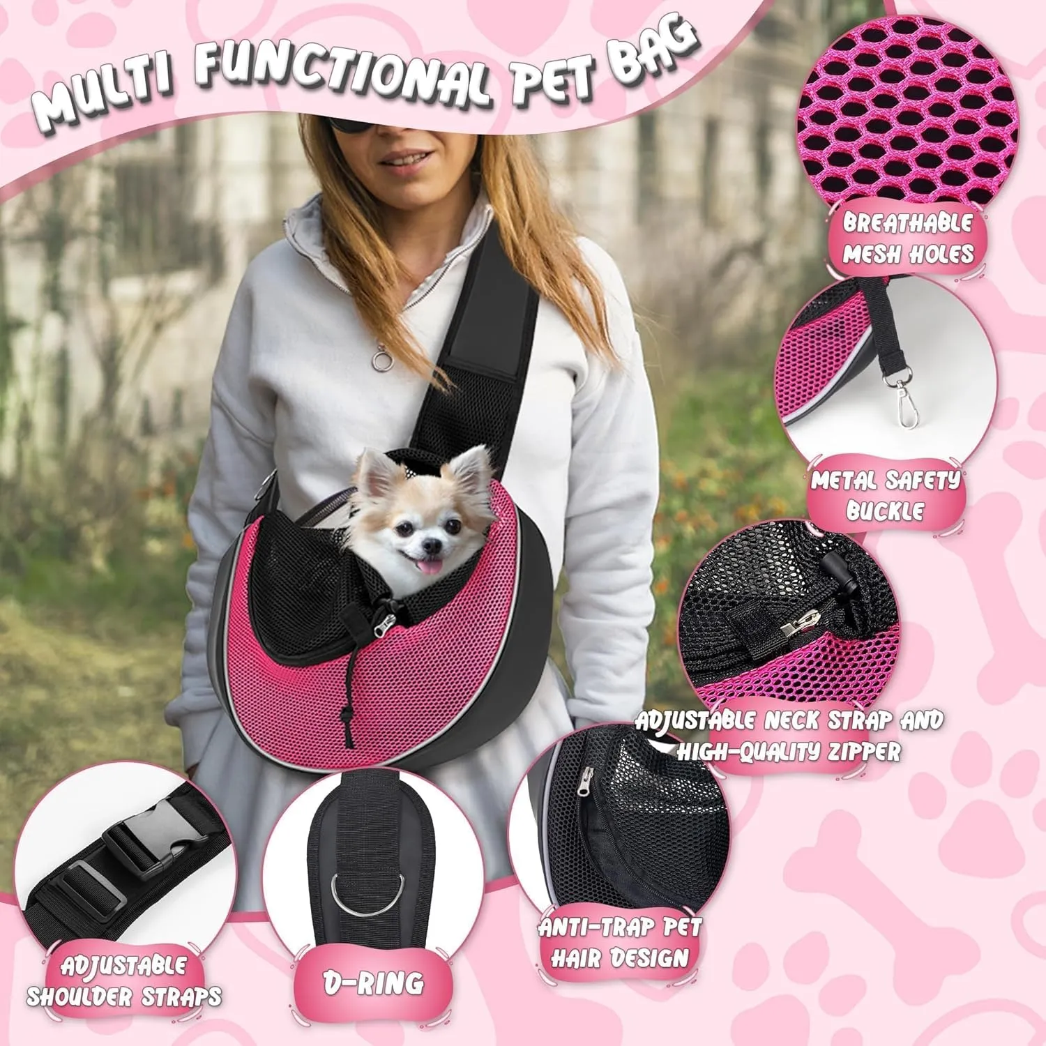 Upgrade Dog Sling Carrier (S,Pink) for Small Dogs/Cats Up to 10LB, Detachable Hard Bottom & Breathable Mesh, Large Storage Pocket, Adjustable Strap - Hands-Free Pet Carrier for Women Travel, Walking