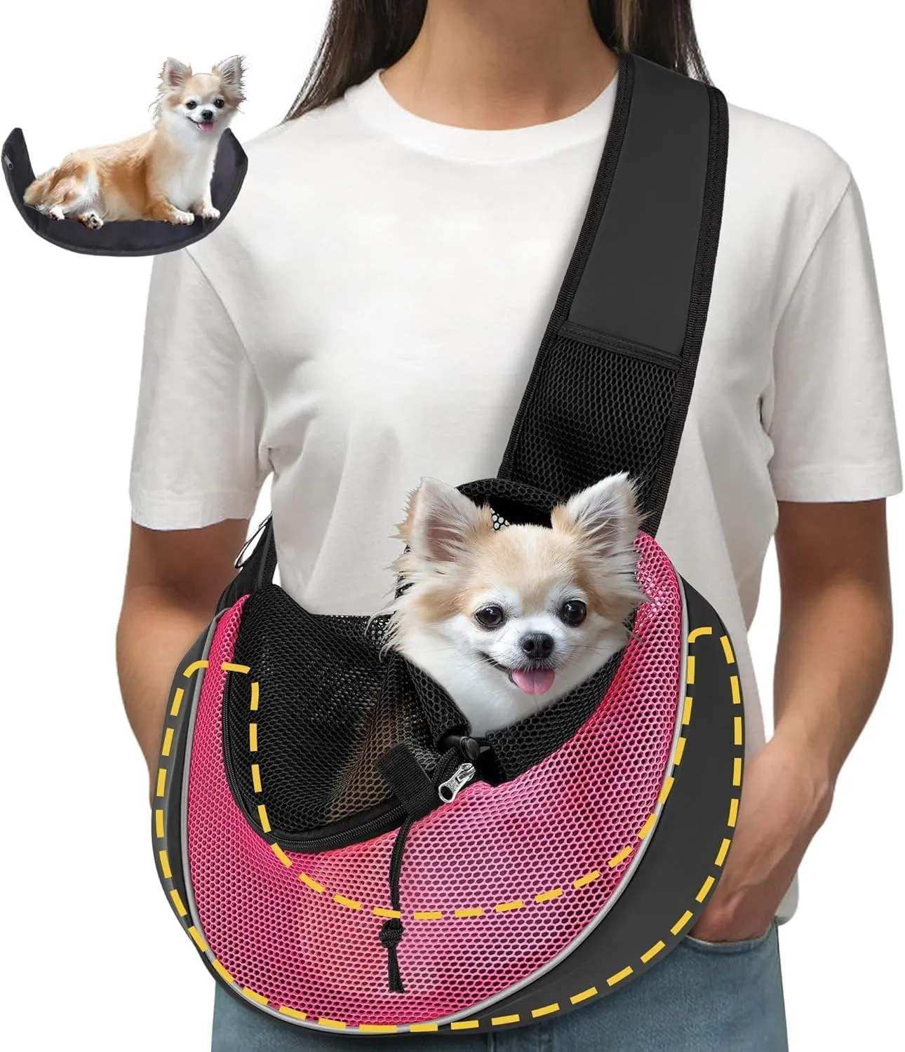 Upgrade Dog Sling Carrier (S,Pink) for Small Dogs/Cats Up to 10LB, Detachable Hard Bottom & Breathable Mesh, Large Storage Pocket, Adjustable Strap - Hands-Free Pet Carrier for Women Travel, Walking
