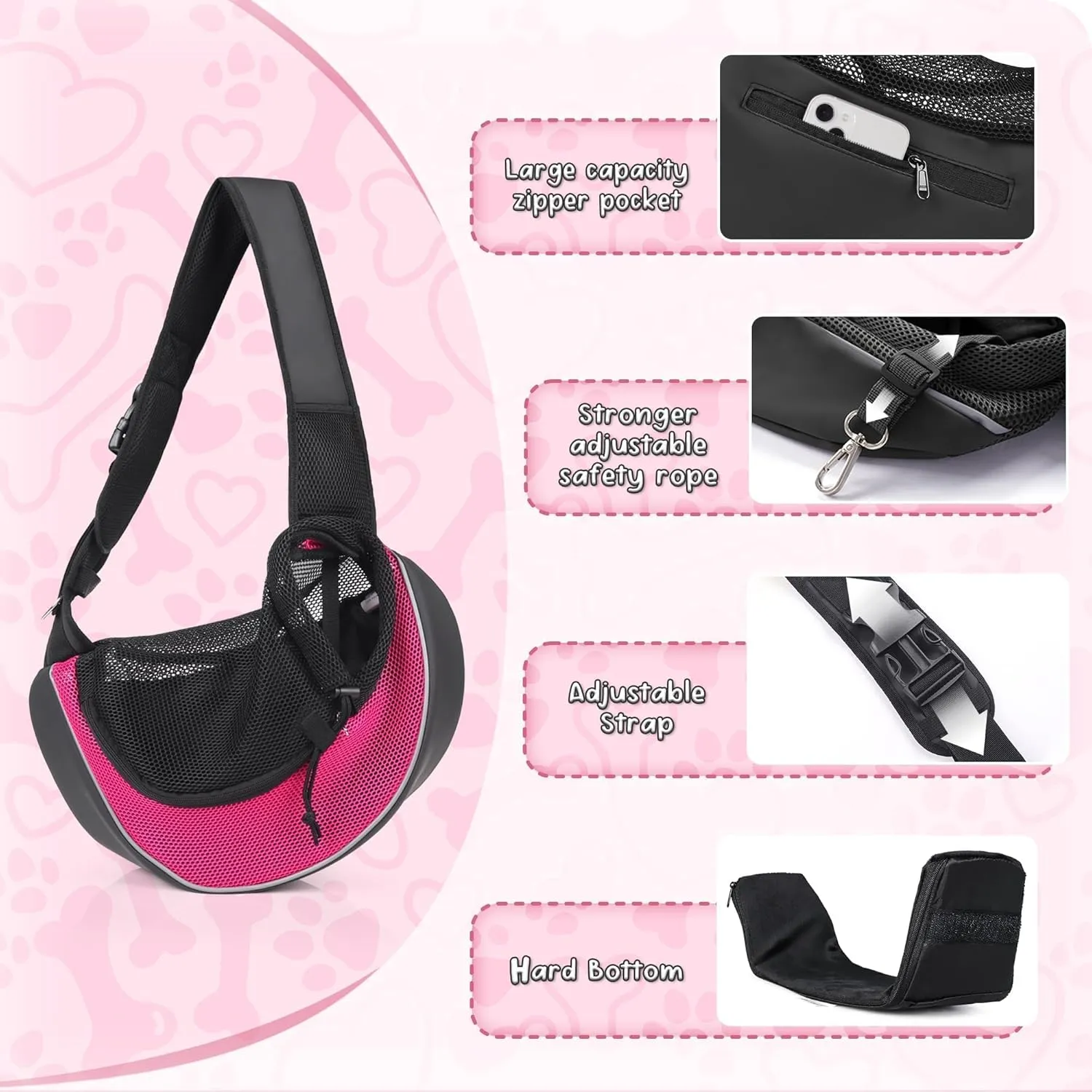 Upgrade Dog Sling Carrier (S,Pink) for Small Dogs/Cats Up to 10LB, Detachable Hard Bottom & Breathable Mesh, Large Storage Pocket, Adjustable Strap - Hands-Free Pet Carrier for Women Travel, Walking
