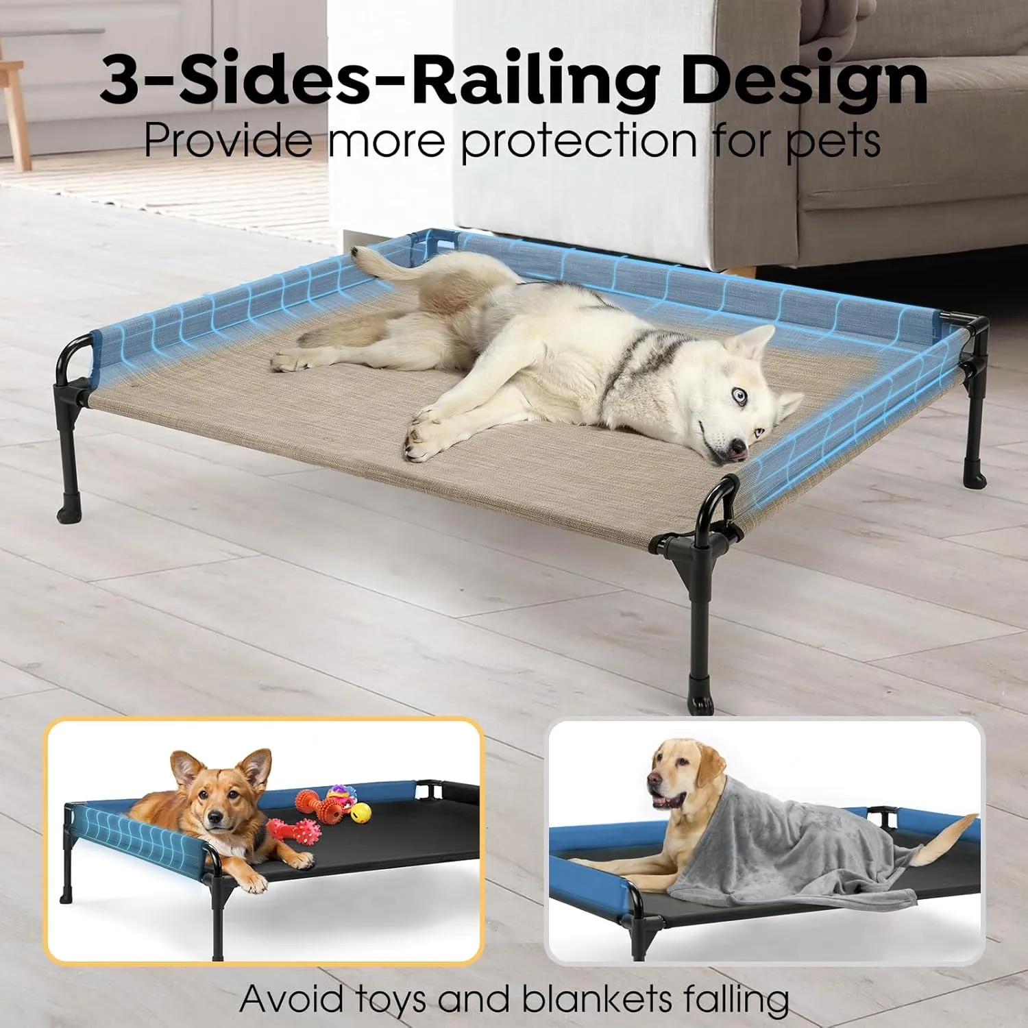 Veehoo Elevated Raised Dog Bed-Cooling Outdoor Dogs Cots Bed for Large Sized Dogs Three-Sided Fence Raised Pet Cot with Durable & Breathable Mesh & No-Slip Feet Dog Hammock Bed-35"x 22" Beige Coffee