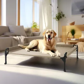 Veehoo Elevated Raised Dog Bed-Cooling Outdoor Dogs Cots Bed for Large Sized Dogs Three-Sided Fence Raised Pet Cot with Durable & Breathable Mesh & No-Slip Feet Dog Hammock Bed-35"x 22" Beige Coffee