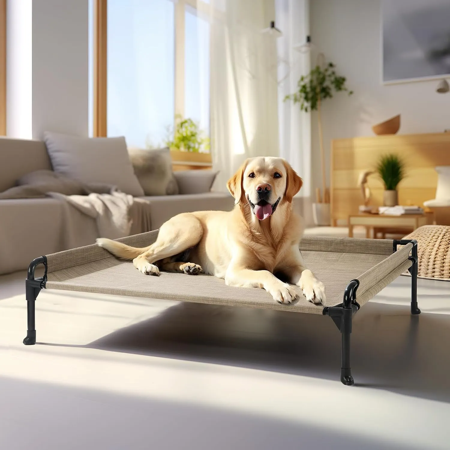 Veehoo Elevated Raised Dog Bed-Cooling Outdoor Dogs Cots Bed for Large Sized Dogs Three-Sided Fence Raised Pet Cot with Durable & Breathable Mesh & No-Slip Feet Dog Hammock Bed-35"x 22" Beige Coffee