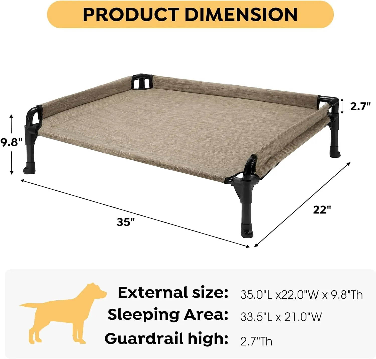Veehoo Elevated Raised Dog Bed-Cooling Outdoor Dogs Cots Bed for Large Sized Dogs Three-Sided Fence Raised Pet Cot with Durable & Breathable Mesh & No-Slip Feet Dog Hammock Bed-35"x 22" Beige Coffee
