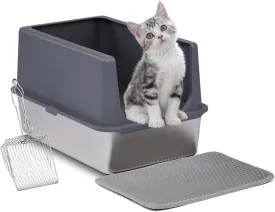 XL Stainless Steel Cat Litter Box with Lid, Extra Large Litter Pan with High Sides, Easy Cleaning, Include Double Layer Litter Mat and Scoop, Gray