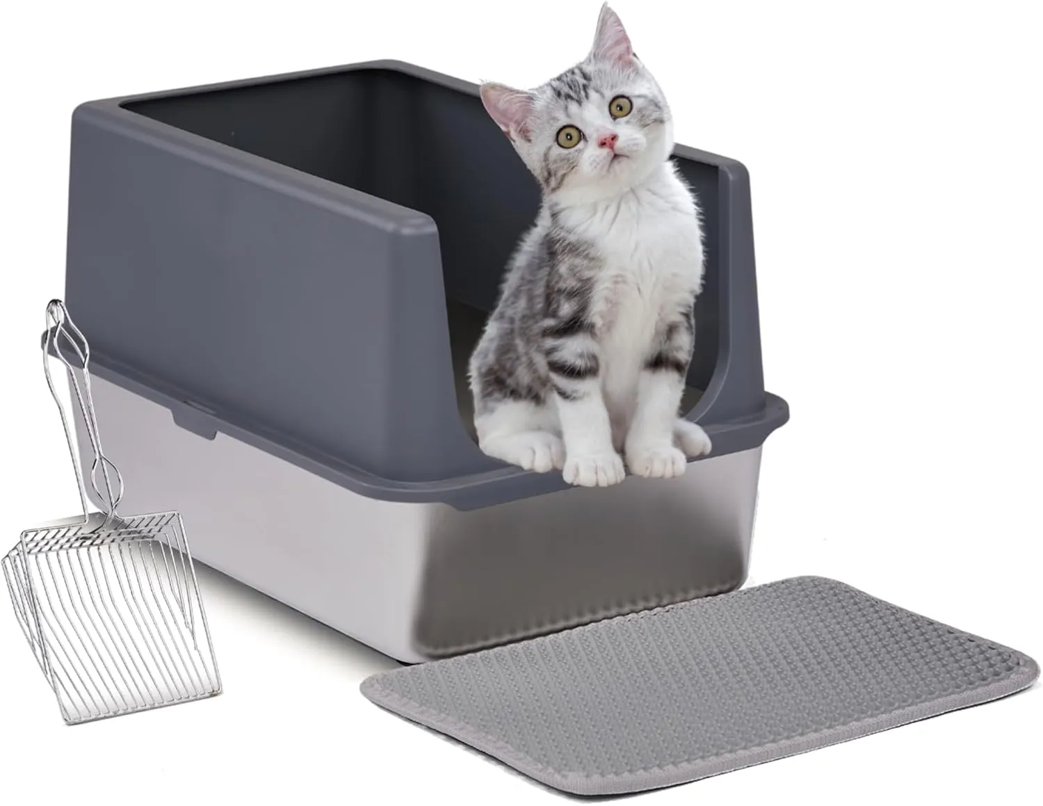 XL Stainless Steel Cat Litter Box with Lid, Extra Large Litter Pan with High Sides, Easy Cleaning, Include Double Layer Litter Mat and Scoop, Gray