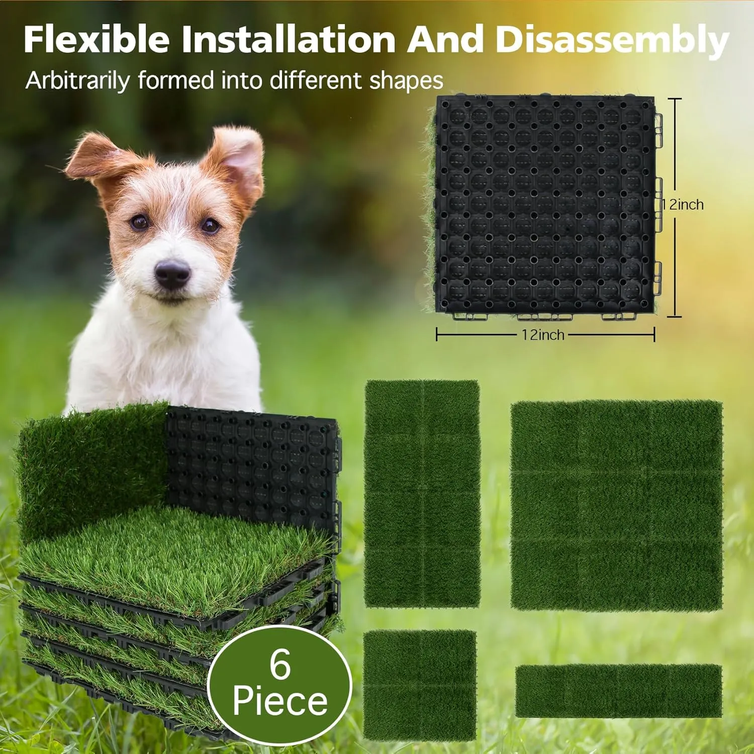 XLX TURF Interlocking Fake Grass Tiles for Dogs Potty Training- 12" x 12" Pet Artificial Grass Squares with Drainage, 6 Pack